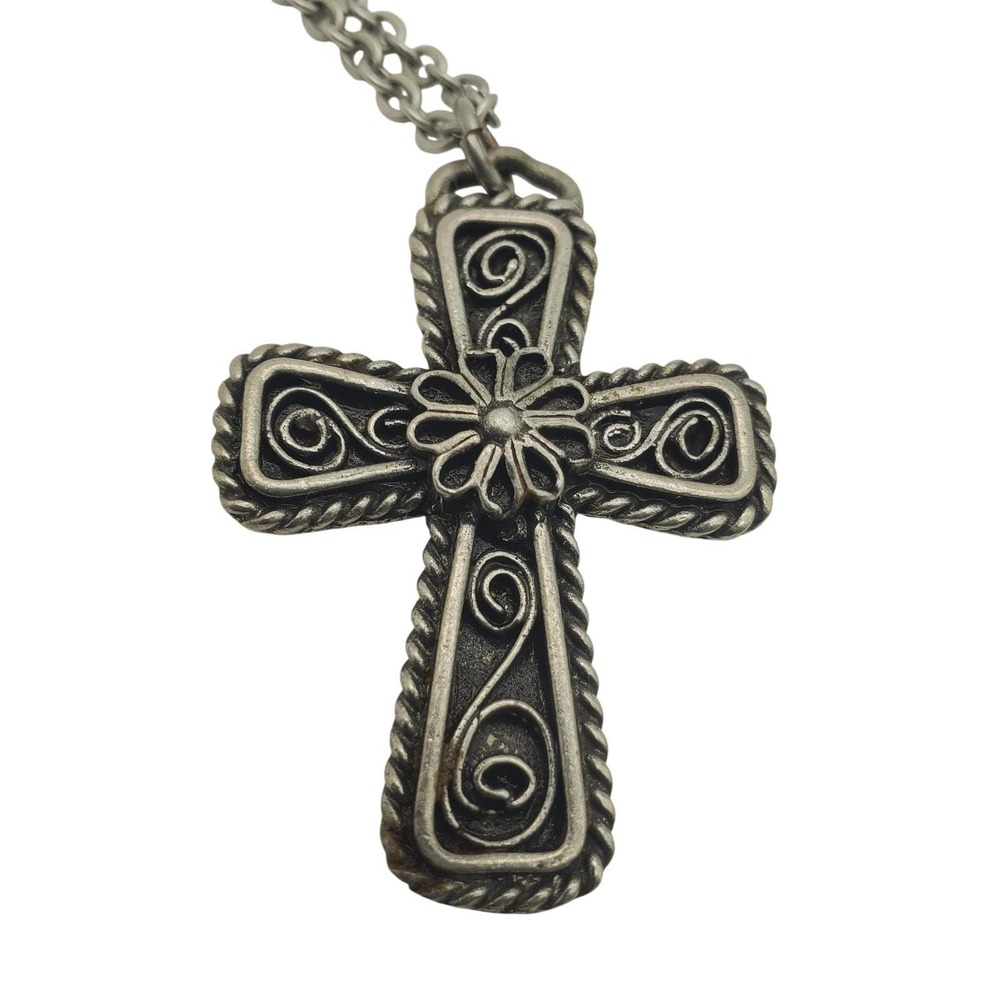 Havstad Tinn Pewter Cross Pendant Necklace Pectoral Crucifix Filigree Vtg Norway